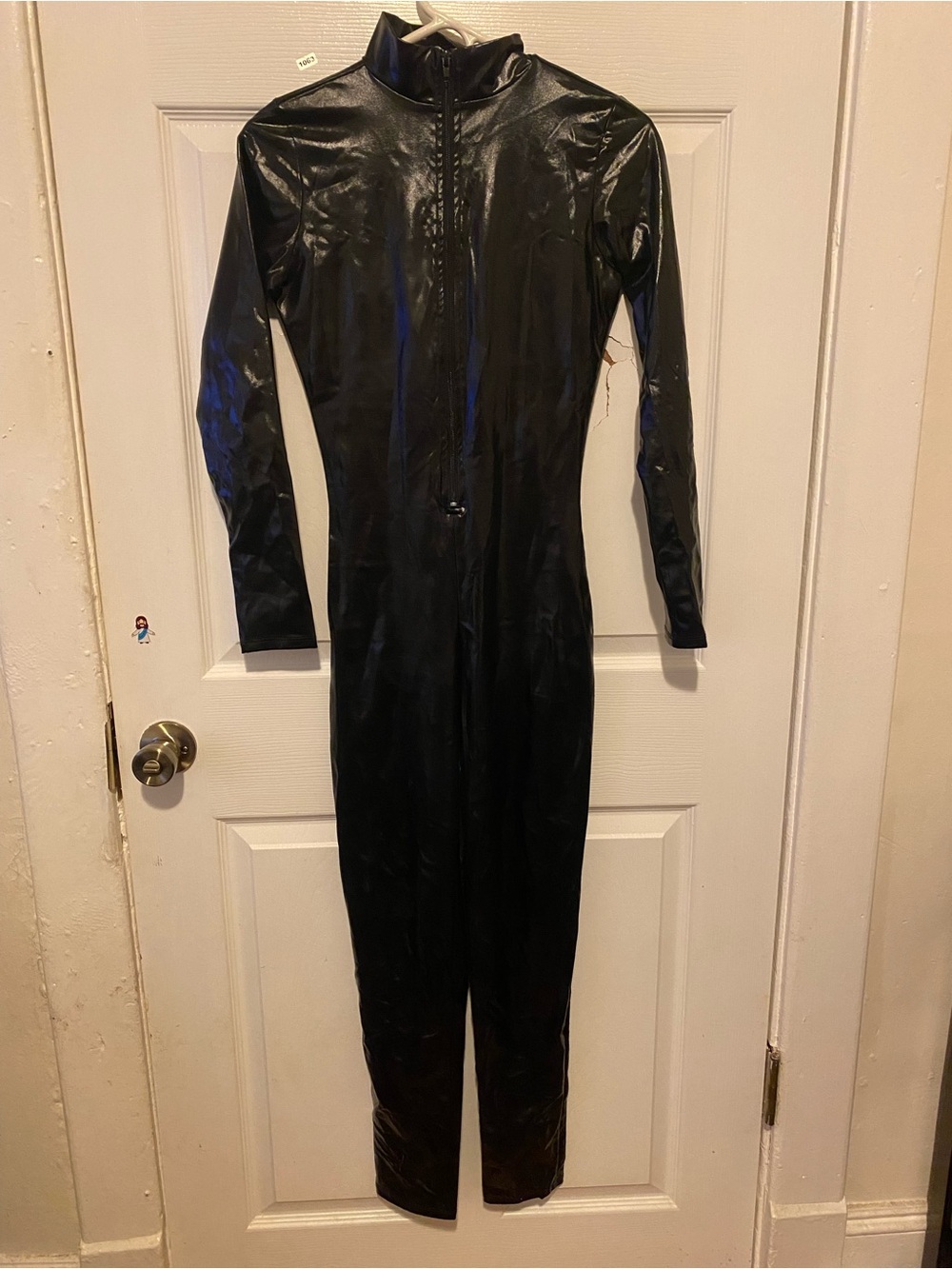 Black forplay wet-look metallic mock neck catsuit costume